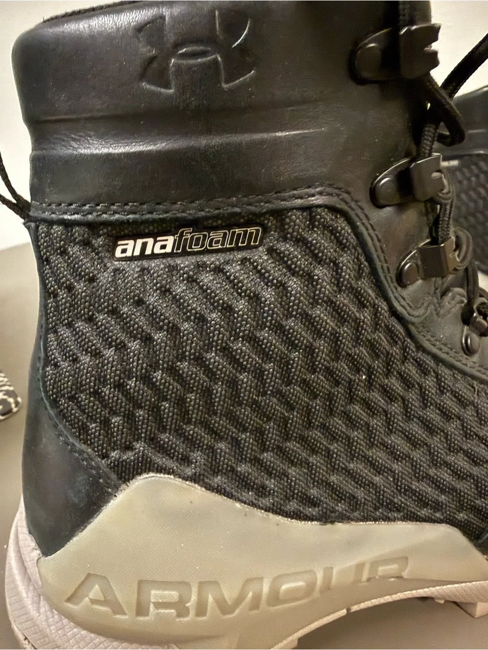 Under Armour Men's Black Leather Boot with Anafoam, Goretex, & Vibram soles